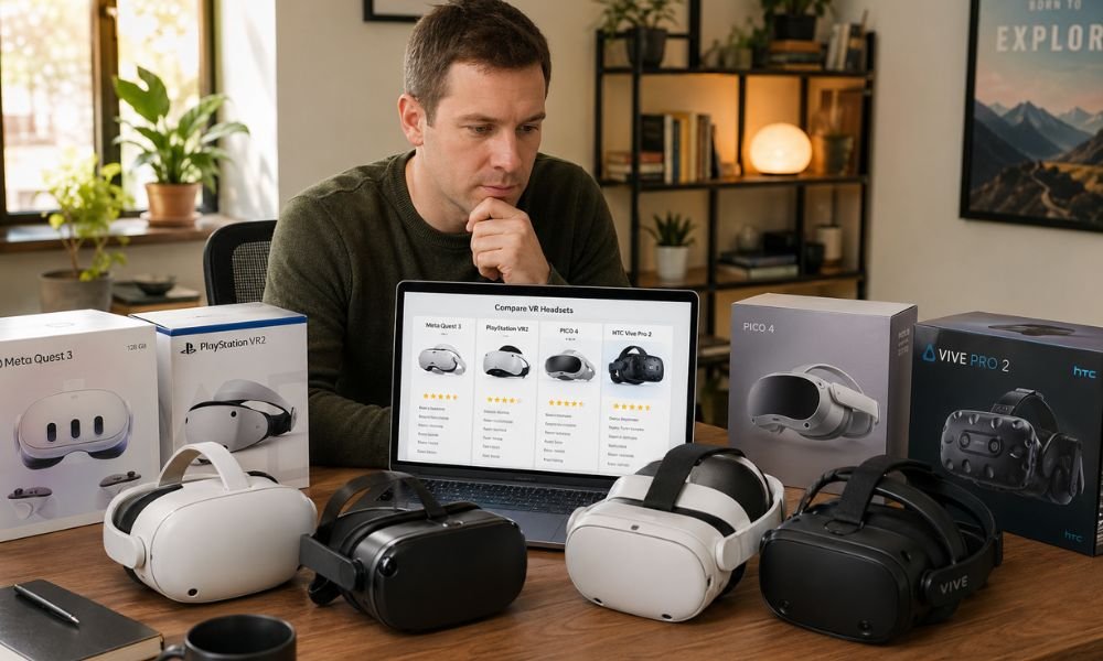 Beginner researching VR headsets before buying in a home office setup