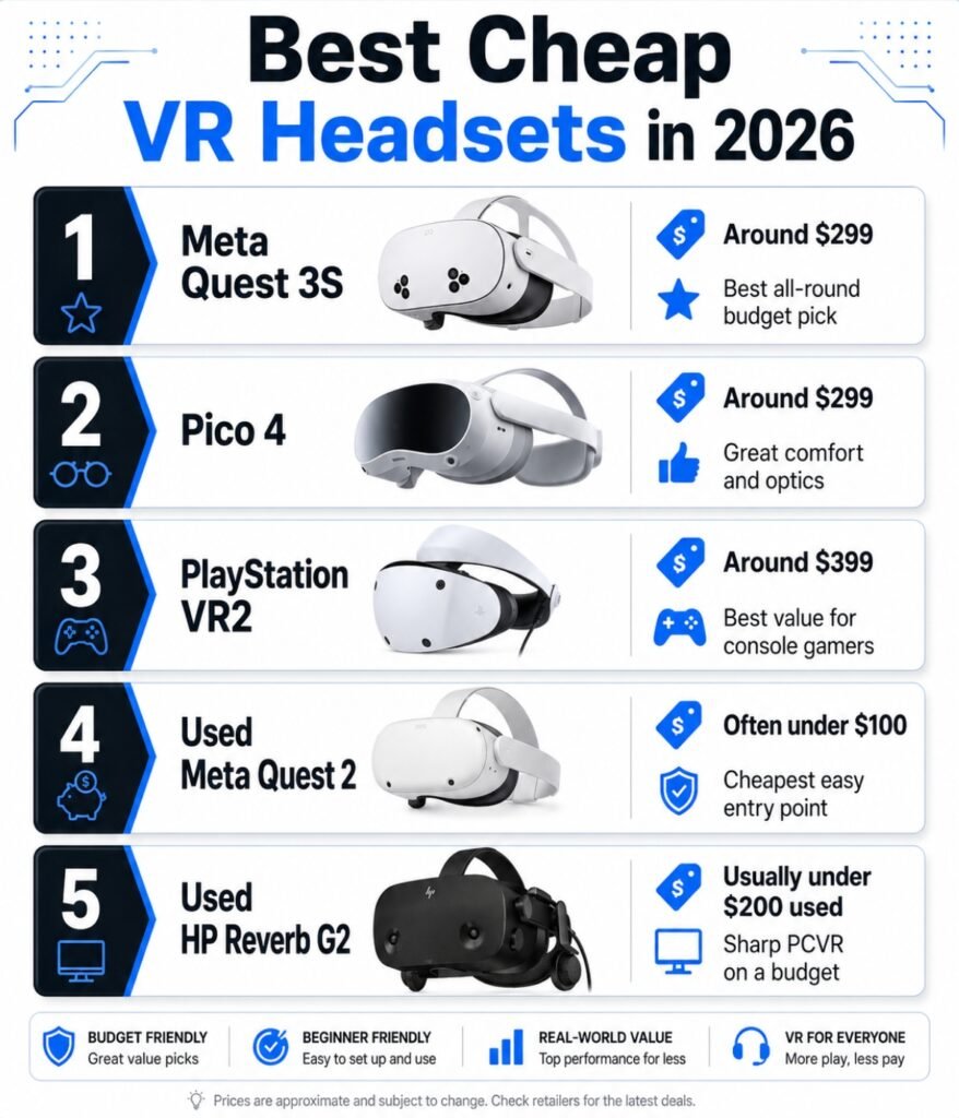 Best cheap VR headsets in 2026 ranked list including Quest 3S Pico 4 PSVR2 Quest 2 and HP Reverb G2