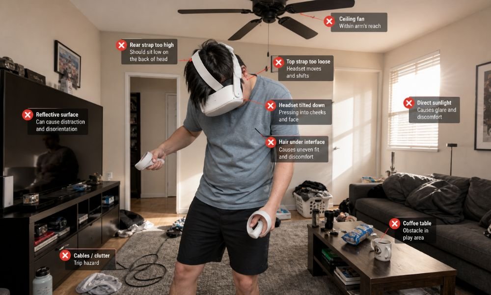 Beginner VR setup mistakes shown in home environment
