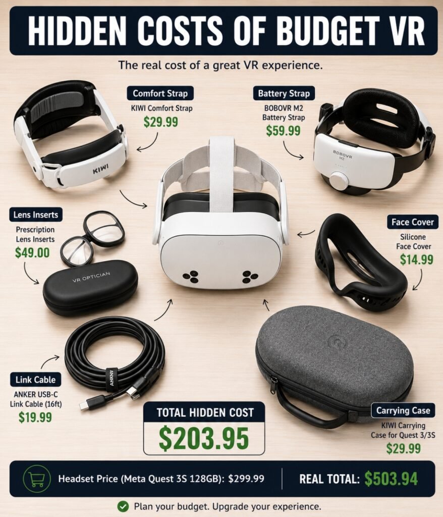 Hidden costs of budget VR headsets including straps batteries lens inserts and accessories