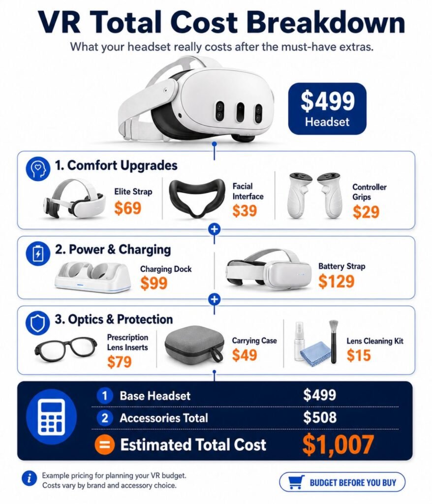 Hidden costs of VR headsets including straps batteries routers and lens inserts