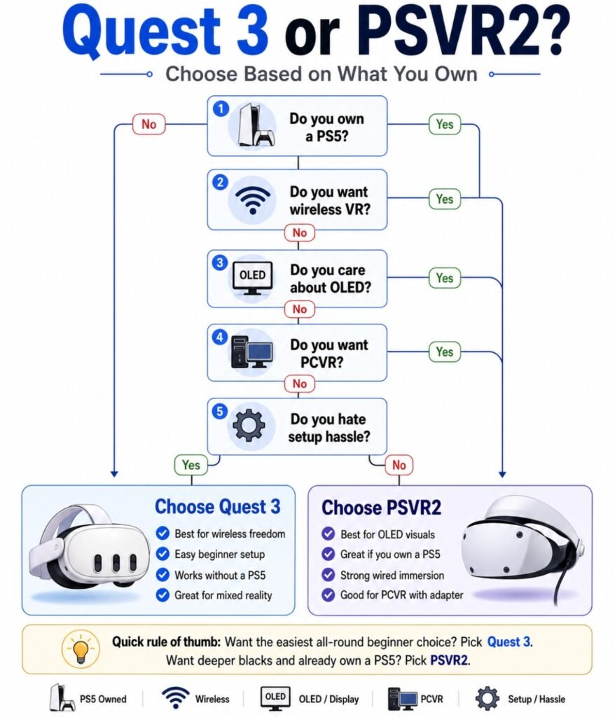 Quest 3 vs PSVR2 buying decision tree for beginner VR buyers
