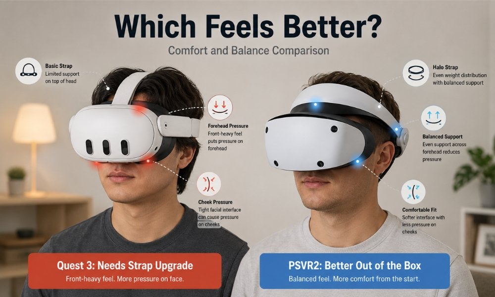 Quest 3 vs PSVR2 comfort comparison showing strap and weight differences