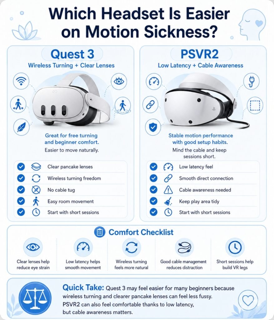 Quest 3 vs PSVR2 motion sickness comparison for beginner VR users