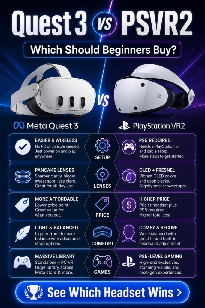 Quest 3 vs PSVR2 Pinterest comparison pin for beginner VR headset buyers