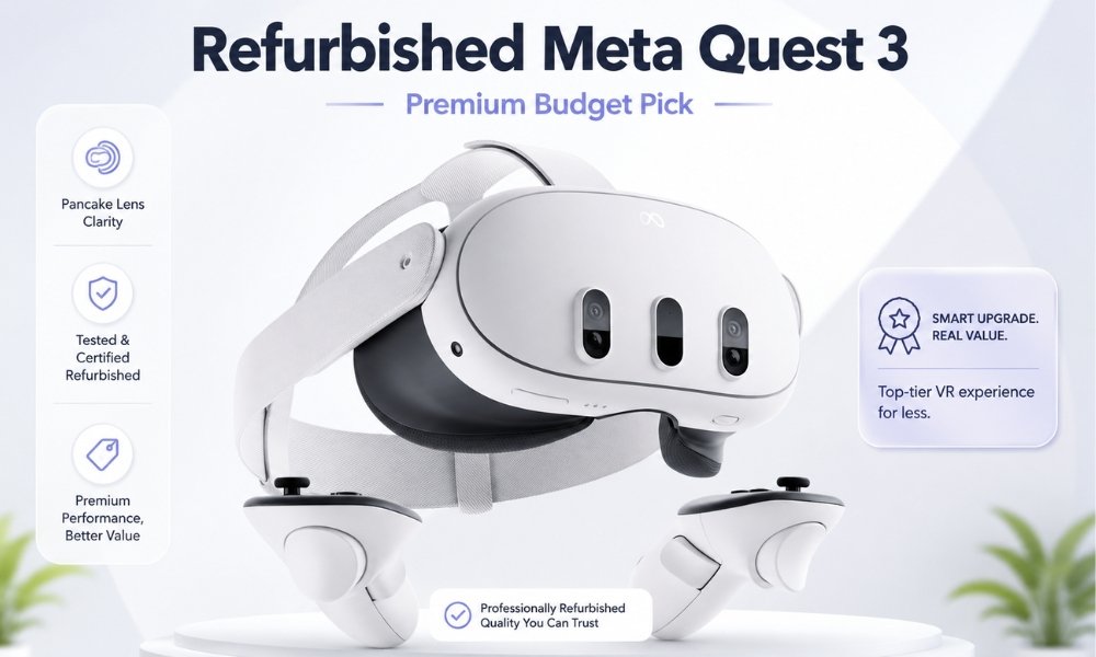 Refurbished Meta Quest 3 headset and controllers shown as a premium budget VR pick for buyers who want better clarity and long-term value