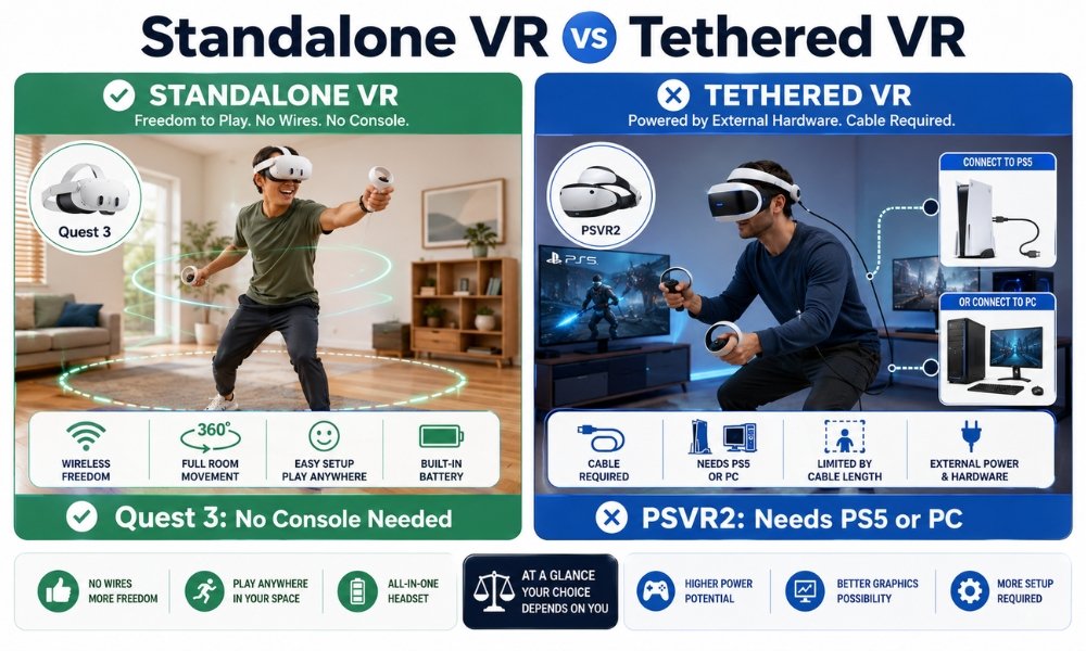 Standalone vs tethered VR comparison for Quest 3 and PSVR2 beginners