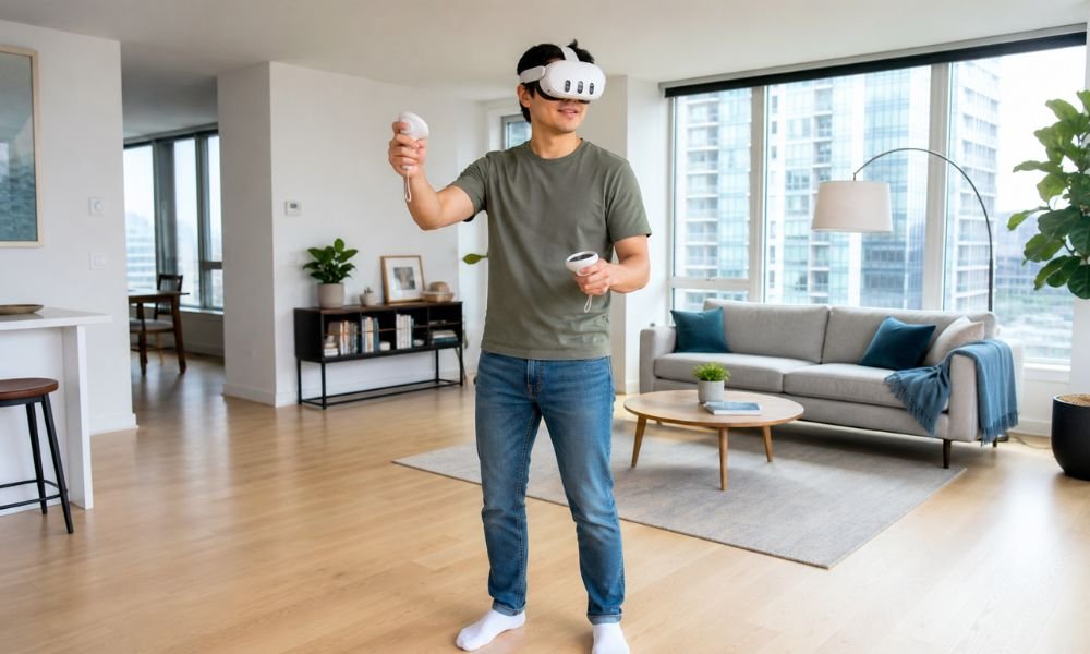 Beginner using Meta Quest 3 VR headset in living room