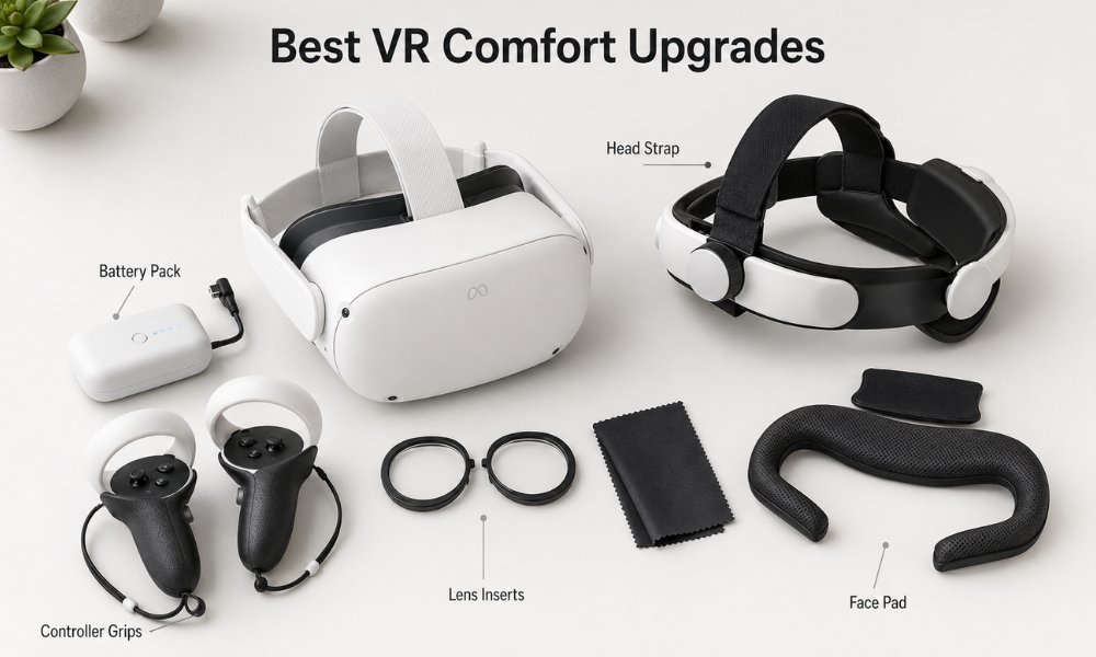 Budget VR headset accessories including head strap, battery pack, controller grips, and lens inserts