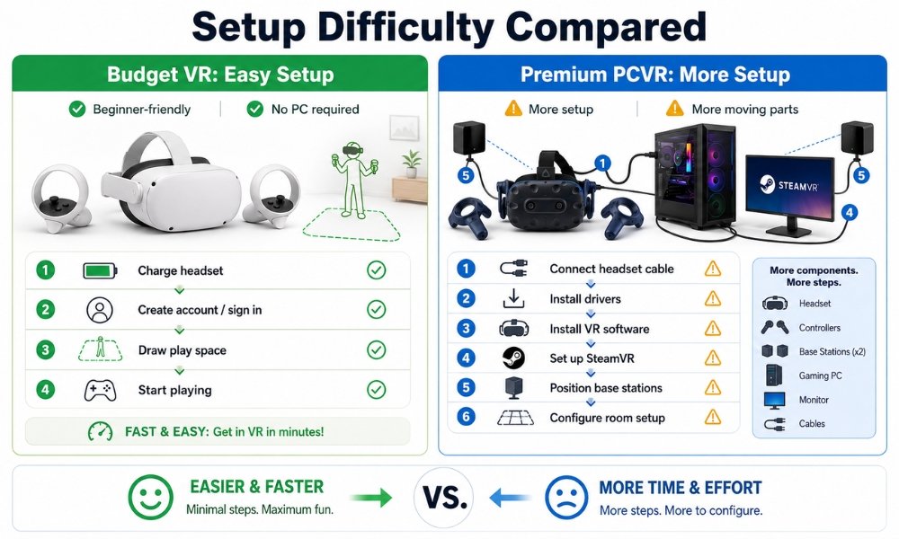 Setup difficulty comparison between budget standalone VR and premium PCVR systems