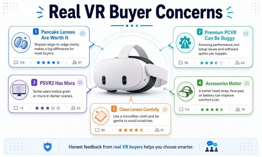 Infographic showing common Reddit-style opinions and real-world VR buyer concerns