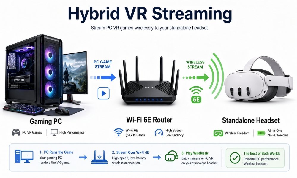 Diagram showing hybrid VR streaming from a gaming PC to a standalone VR headset over Wi-Fi 6E