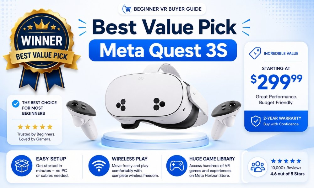 Meta Quest 3S shown as the best value budget VR headset for beginners