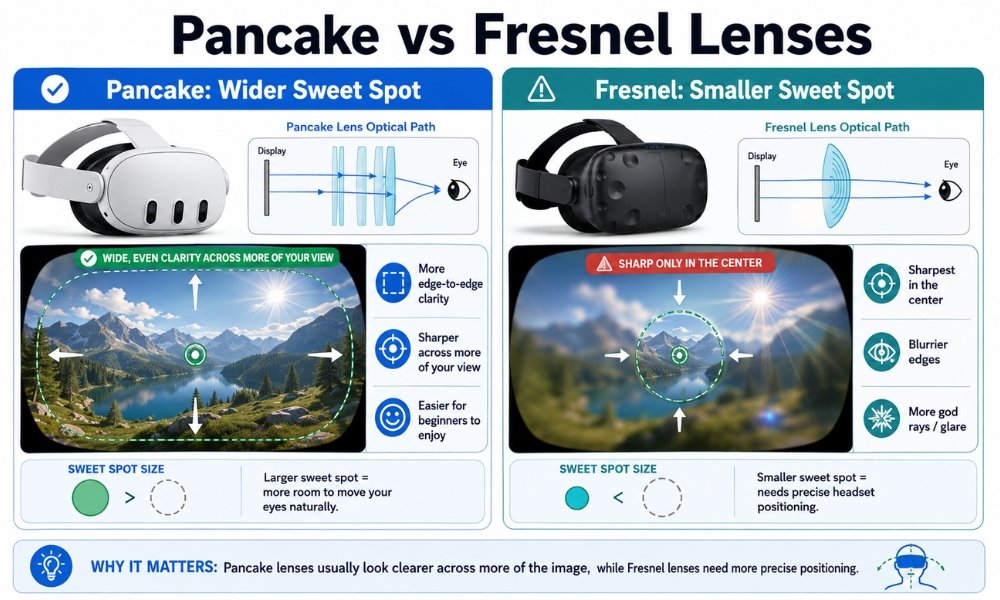 Pancake vs Fresnel VR lens comparison showing clarity and sweet spot differences