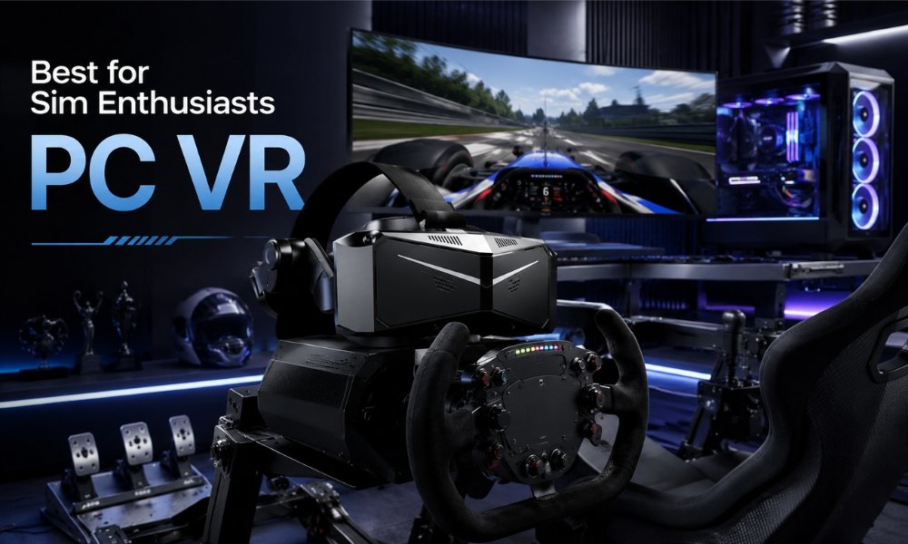 PC VR headset shown in a racing simulator setup for serious sim enthusiasts