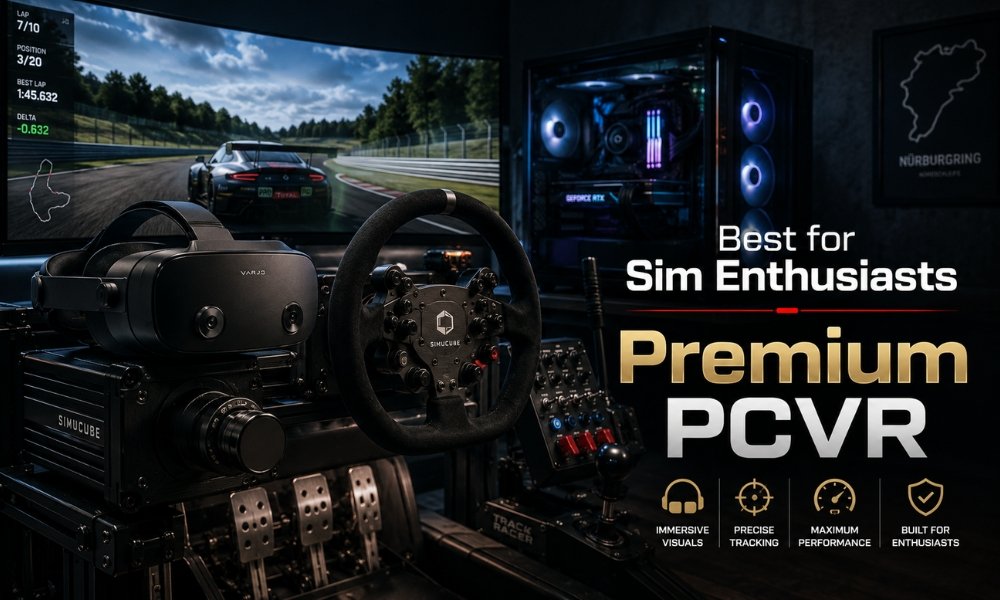 Premium PCVR headset shown in a sim racing setup for serious VR enthusiasts