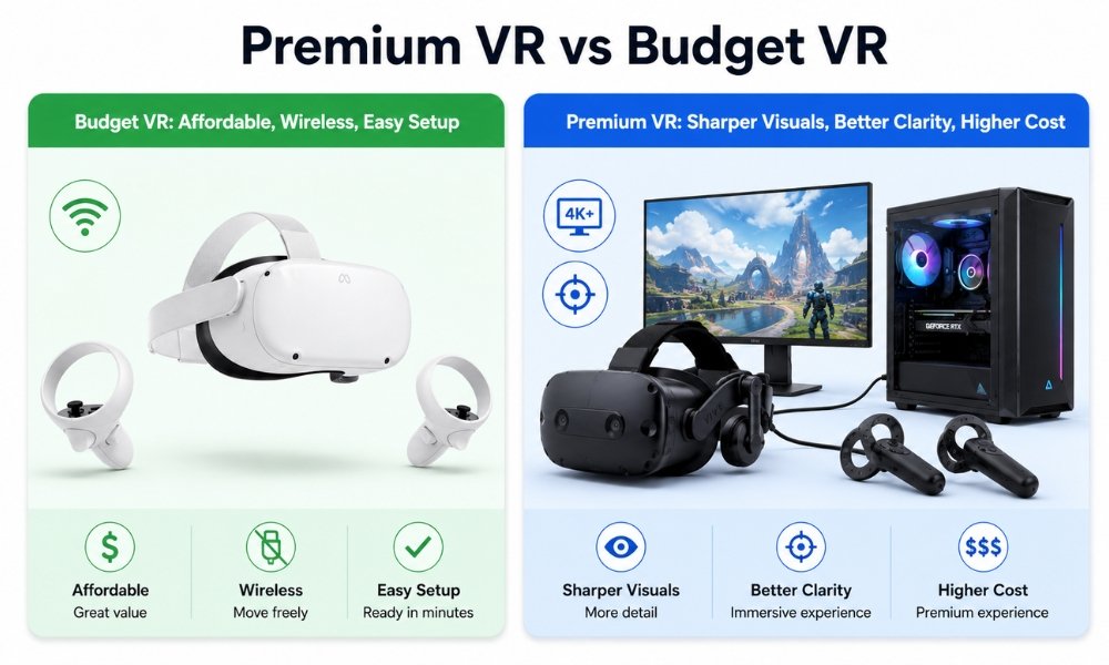 Infographic explaining premium VR vs budget VR for beginners