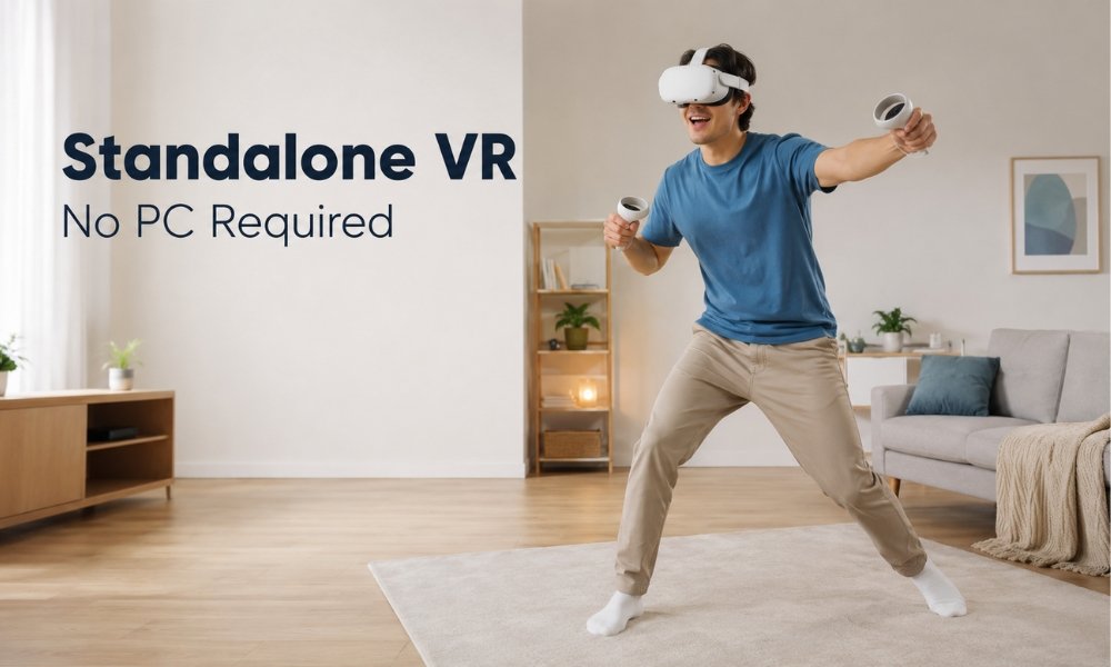 Beginner using a standalone VR headset wirelessly in a living room