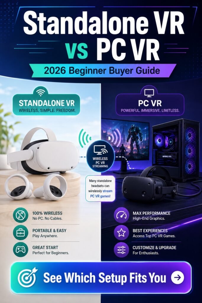 Pinterest pin for standalone VR vs PC VR beginner buyer guide in 2026