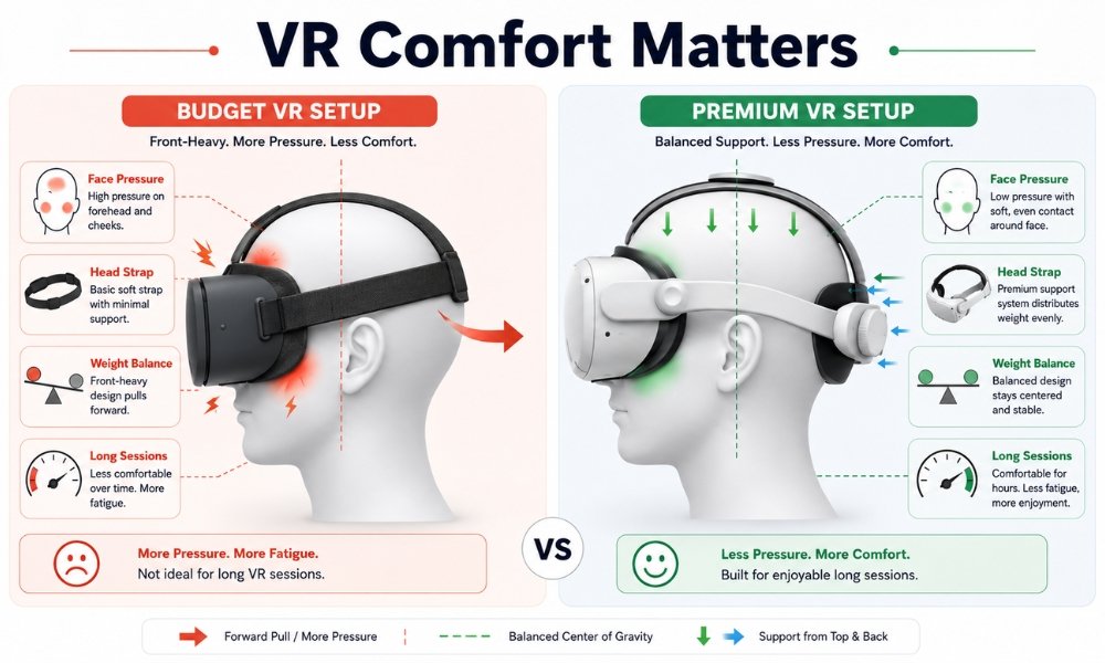 Comfort comparison showing weight balance differences between budget and premium VR headsets