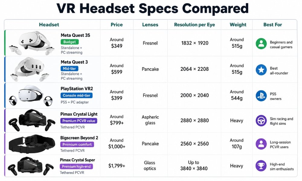 Specs comparison table for budget and premium VR headsets in 2026