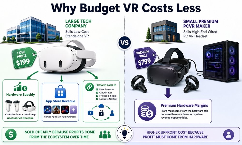 Infographic explaining why budget VR headsets are often cheaper due to corporate subsidies