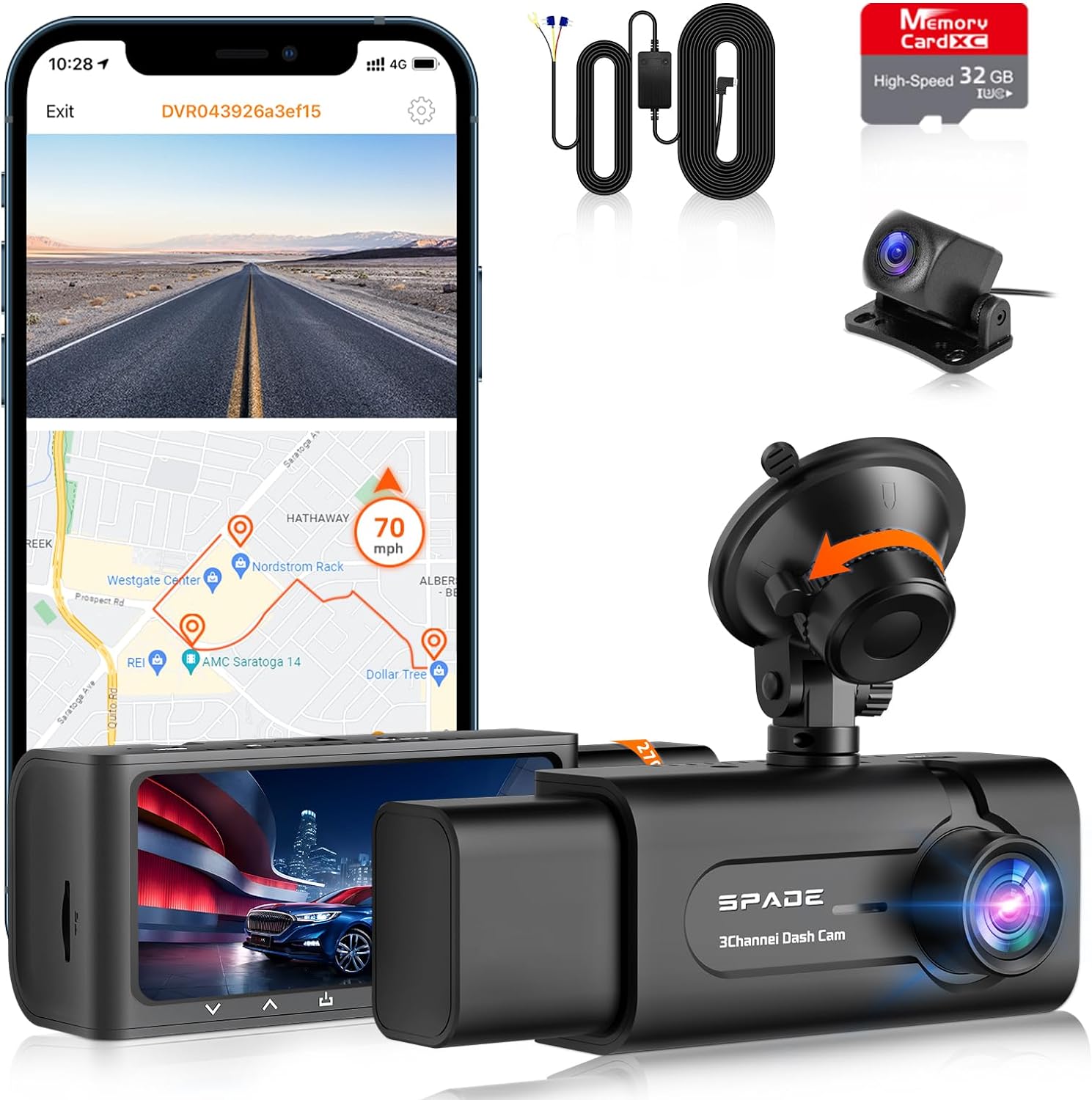 3 Channel Dash Cam Front and Rear Inside, 1080P Full HD Dash Camera for Cars, Free 32GB SD Card, 170° Wide Angle, 3.16”IPS Screen, Night Vision, WDR, 24H Parking Mode with Hardwire Kit