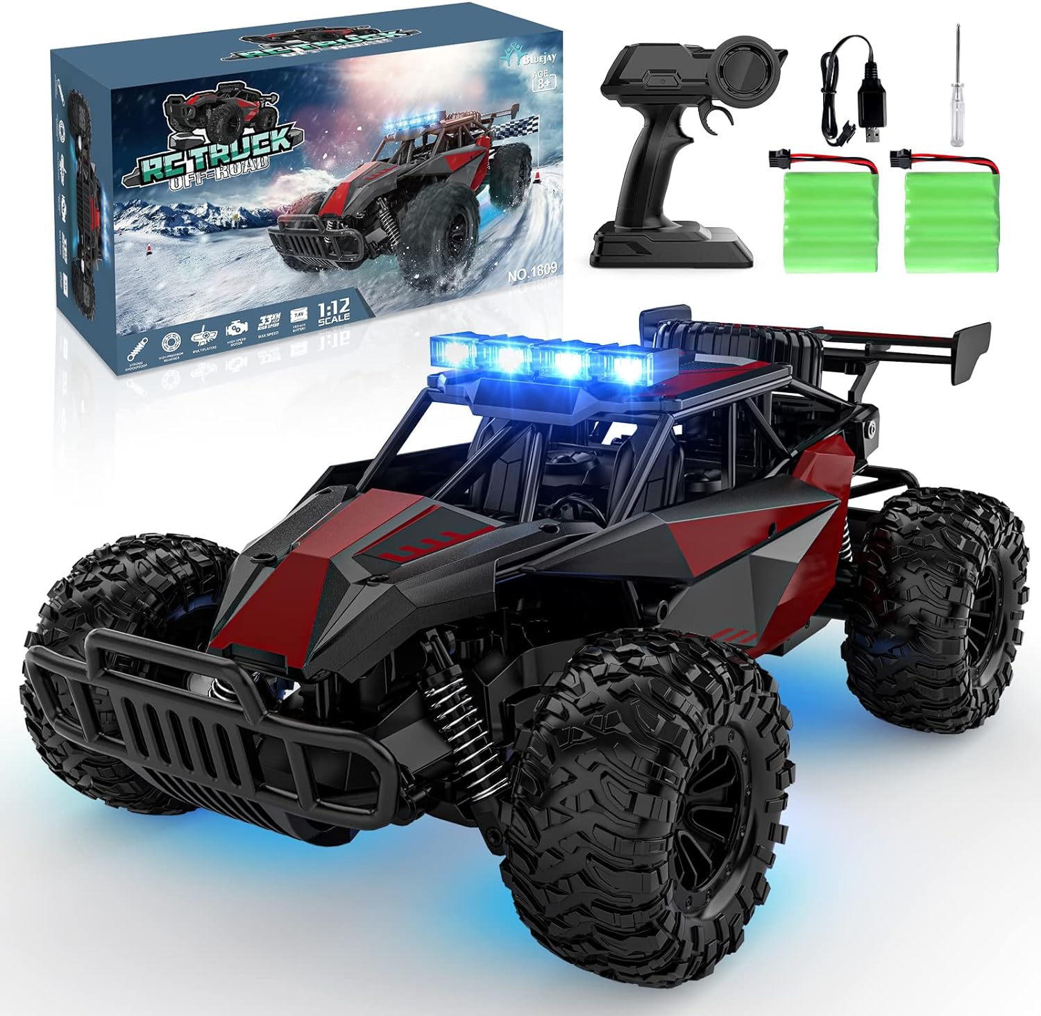 BLUEJAY Remote Control Car - 2.4GHz High Speed 33KM/H RC Cars Toys, 1:12 Monster RC Truck Off Road Hobby Toys with LED Headlight and Rechargeable Battery Gifts for Adults Boys 8-12 Kids