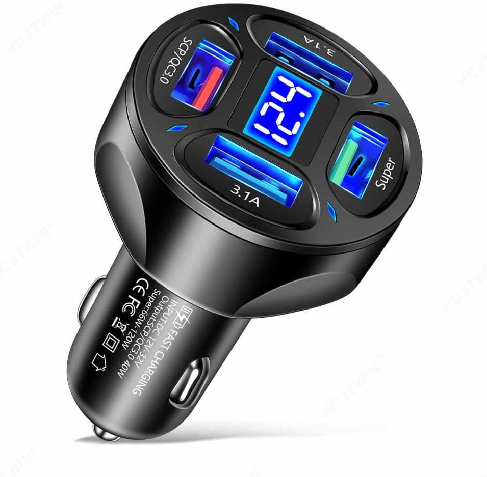 Car Charger Fast Charge,66W SCP/QC3.0 Cell Phone Charger,Cigarette Lighter USB Charger with Voltage Detection Compatible for iPhone 14 Pro MAX/13,MacBook Pro,iPad Pro,Switch,Galaxy S22/S21