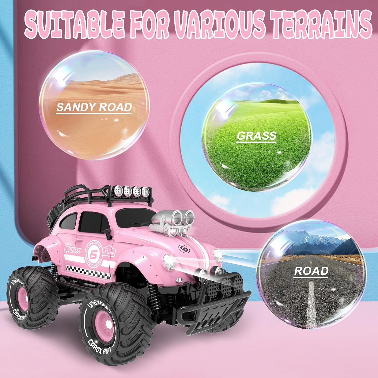 Carox Remote Control Car for Girls1:16 Scale-80 Mins Playtime Pink Classic Car with Cute LED Headlight for All Terrains-R/C Toys as Birthday for Girls (Pink)