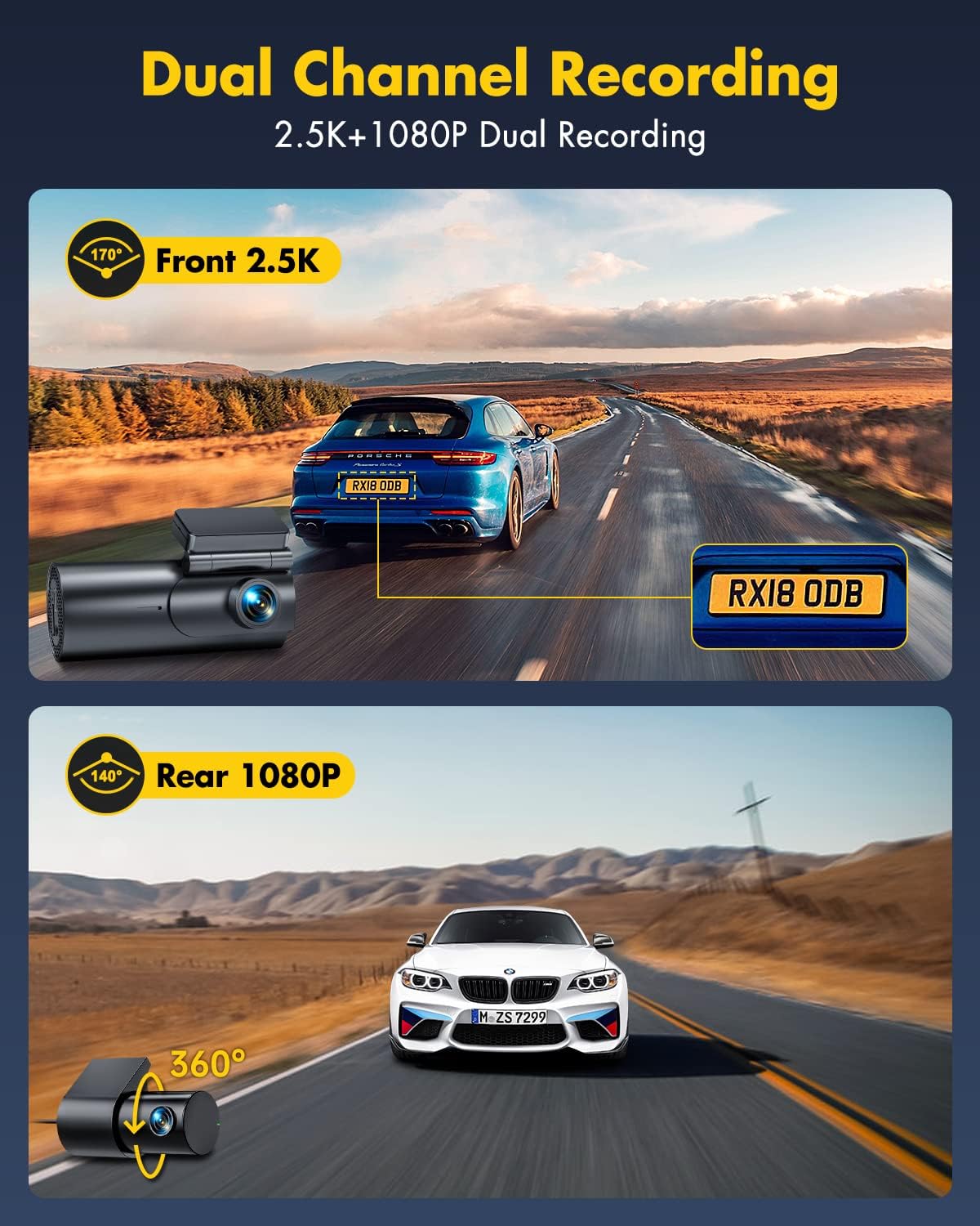 Dash Cam Front and Rear Camera, 4K/2.5K Full Dashcams for Cars with 64GB SD Card, WiFi  App Control, Night Vision, Parking Mode, G-Sensor, Loop Recording,WDR,170° Wide Angle : Electronics