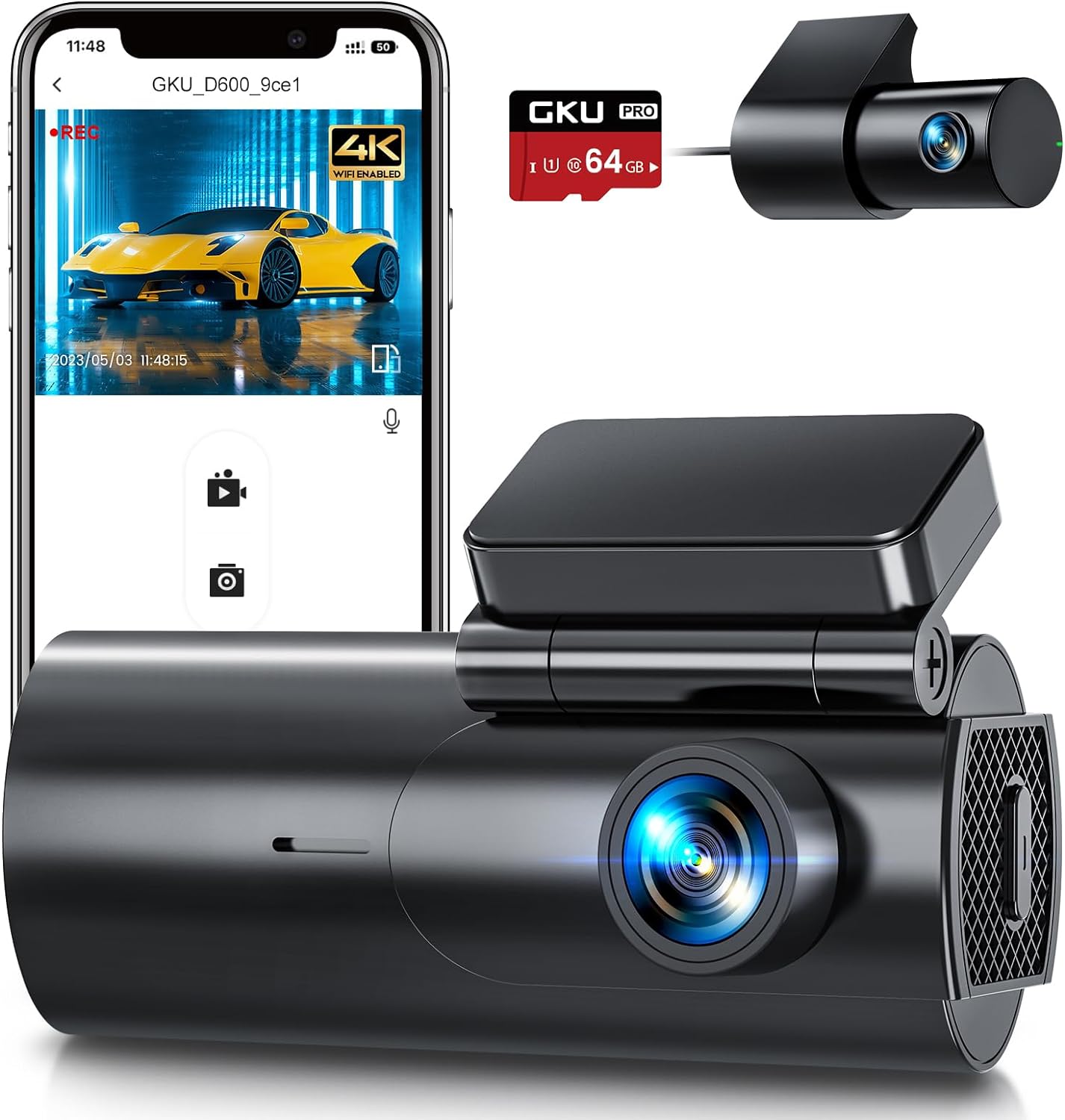 Dash Cam Front and Rear Camera, 4K/2.5K Full Dashcams for Cars with 64GB SD Card, WiFi  App Control, Night Vision, Parking Mode, G-Sensor, Loop Recording,WDR,170° Wide Angle : Electronics