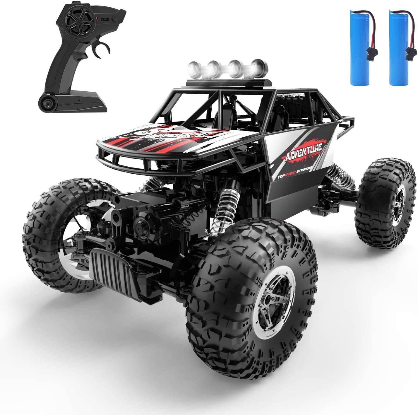 DEERC DE45 RC Cars Remote Control Car 1:14 Off Road Monster Truck,Metal Shell 4WD Dual Motors LED Headlight Rock Crawler,2.4Ghz All Terrain Hobby Truck with 2 Batteries for 90 Min Play,Boy Adult Gifts