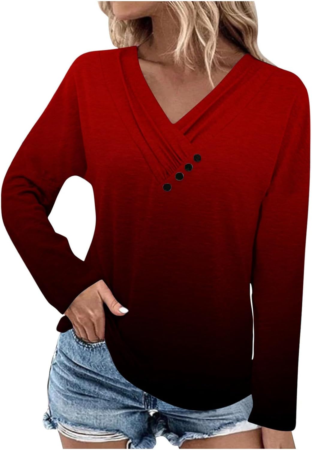 DPTALR Women Pleated V Neck Blouse with Button Full Sleeve Graphic Tee Pullover Blouse Ruffle Hem Sweatshirt Button Tunic