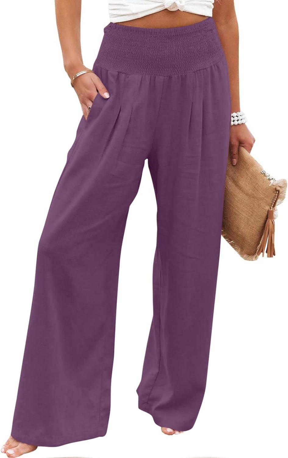 Hvyesh Linen Pants for Women Summer High Waisted Wide Leg Pants Casual Elastic Waist Palazzo Pants Beach Pants with Pockets