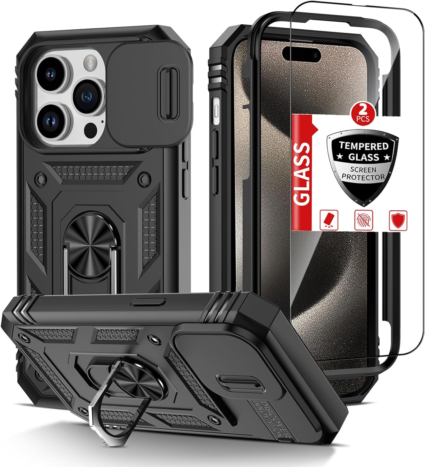 IYTRRYH for iPhone 15 Pro Max Case Kickstand with 2Tempered Glass Screen Protectors with Camera CoverMagnetic Stand Ring Military Grade Drop Shockproof Heavy Duty Protection iPhone15Pro Max6.7‘’Black