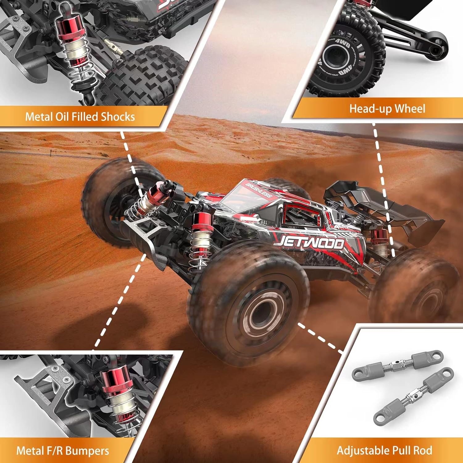 Jetwood Remote Control Car 1:16 Scale, 4WD RTR Brushless Fast Cars for Adults All Terrain, Max 42mph Off-Road Hobby Electric Buggy, JC16EP with 2 Batteries, RC Truck Gifts for Boys