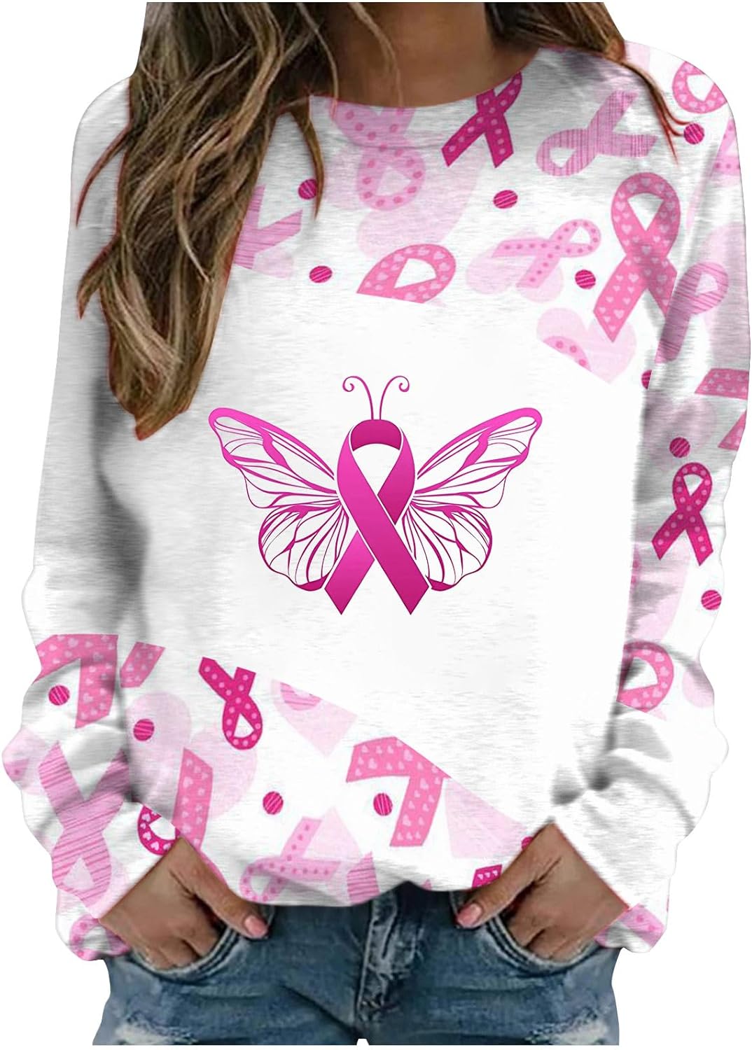 oelaio Womens Pink Sweatshirt Crewneck Breast Cancer Awareness Pullover Long Sleeve Sweater Shirts Letter Print Shirts