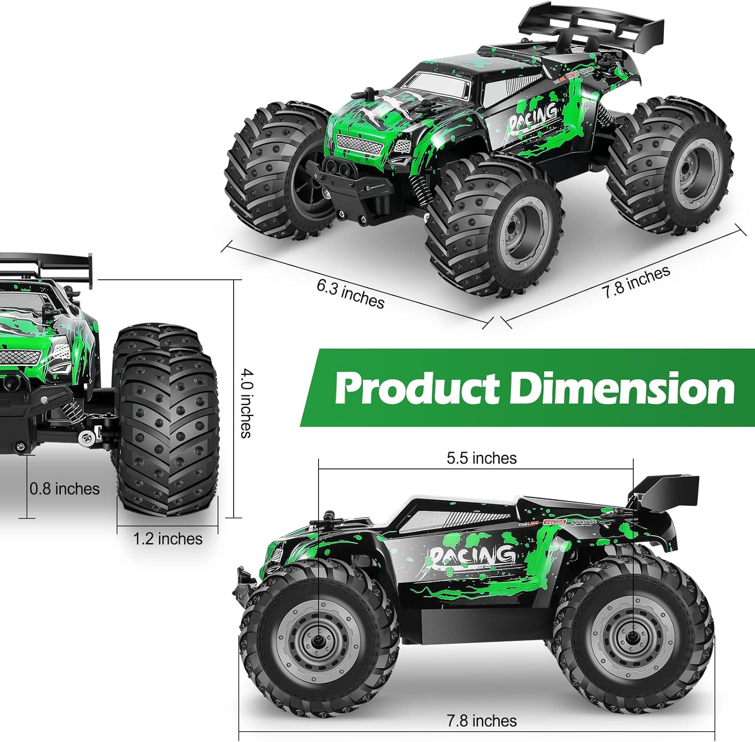 Rcjoyou RC Cars,All Terrain Remote Control Car,2WD 2.4 GHz Off Road High Speed 20 Km/h RC Monster Truck Racing Cars with LED Headlight and Two Batteries, Xmas Gifts for Kid and Adults
