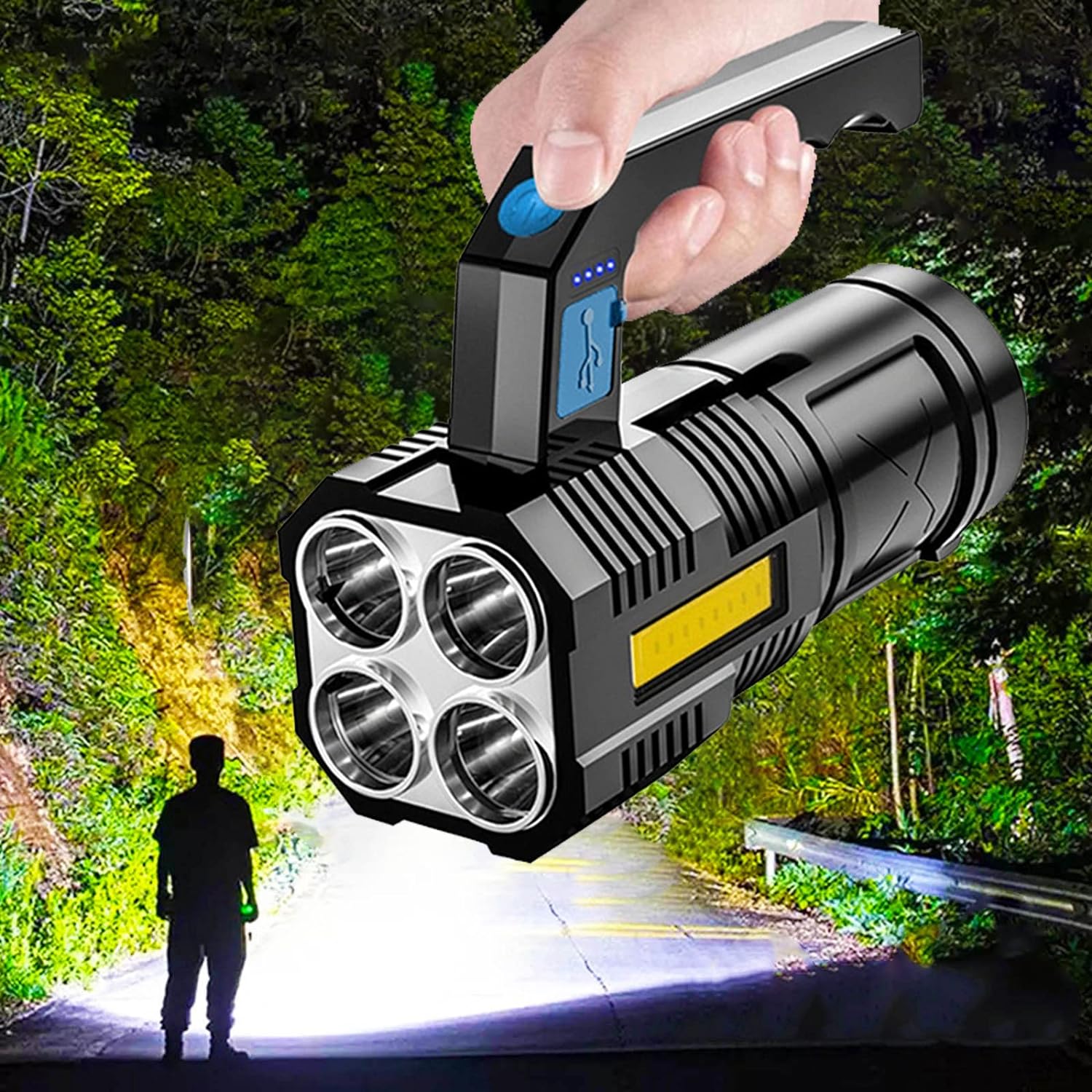 Rechargeable High Brightness Flashlight, 4LED Searchlight Outdoor USB Flashlight Portable Strong Lights Side Light Outdoor Camping Tent Light