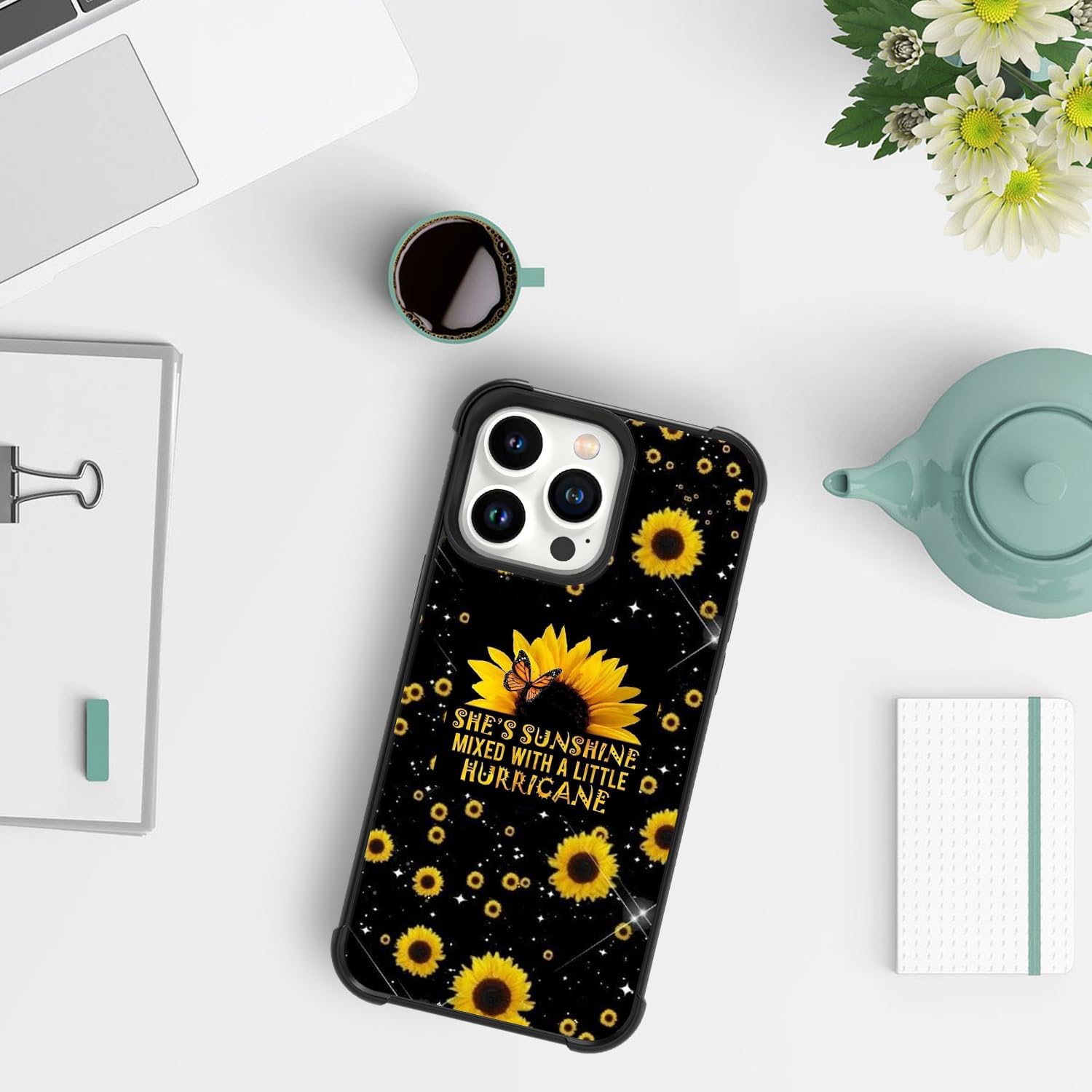 Tnarru Compatible with iPhone 15 Pro Max Case Sunflower Butterflies Pattern [Support Wireless Charging] Hard PC Back and Soft TPU Non-Slip Sides Cover Thin Shockproof Case for iPhone 15 Pro Max 5G