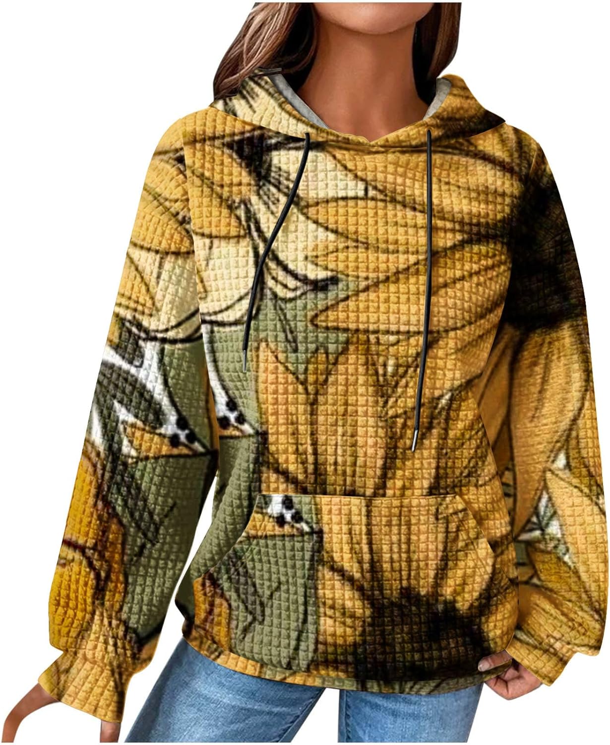 Womens Fashion Quilted Knit Hoodies Floral Print Hooded Sweatshirts Loose Long Sleeve Pullover Tops with Pocket