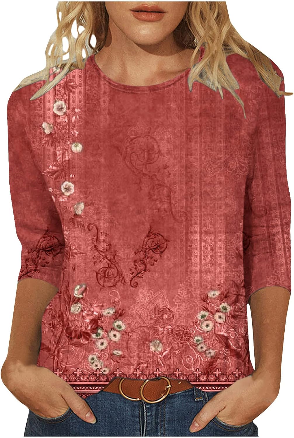 Womens Tops 3/4 Sleeve Summer Cute Tops Casual Crewneck Three Quarter Sleeve T Shirts Bohemian Printed Blouses