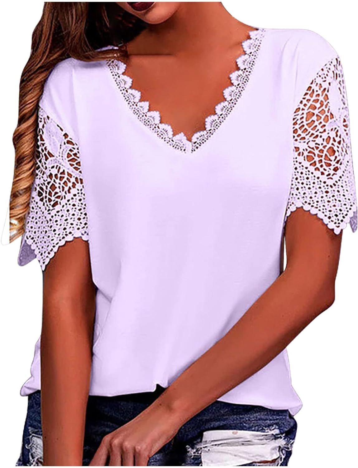 Womens Tops Dressy Ladies Solid Lace Cold Shoulder Blouses Short Sleeve Pullover V-Neck Shirts