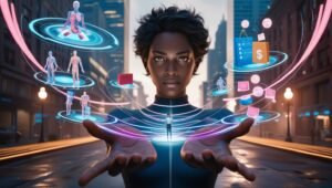 Person using augmented reality with floating icons for health and shopping.