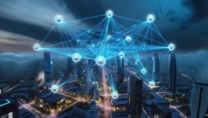 Best AR Smart Glasses of 2024 10 a cinematic, high-angle, nighttime photograph of a futuristic smart cityscape, with sleek skyscrapers and neon-lit streets, featuring a 3D network visualization that illuminates the air, showcasing a vast web of connections between 5G-enabled devices