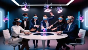 Group in a meeting wearing AR headsets, interacting with holographic images.