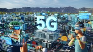 Cityscape with people using AR glasses, enhanced by 5G technology.