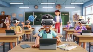 Students in a classroom using AR headsets to explore digital models.