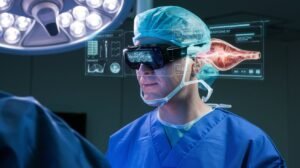 Surgeon wearing AR glasses with holographic medical data displayed.